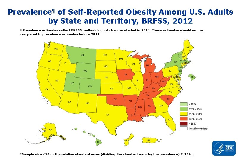 Prevalence¶ of Self-Reported Obesity Among U. S. Adults by State and Territory, BRFSS, 2012