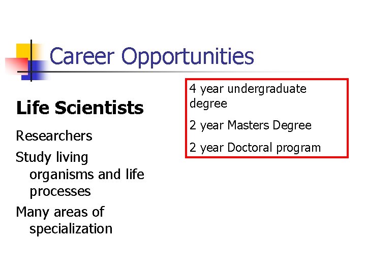 Career Opportunities Life Scientists Researchers Study living organisms and life processes Many areas of