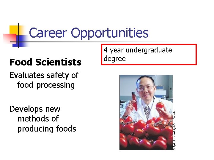 Career Opportunities Food Scientists Evaluates safety of food processing Develops new methods of producing
