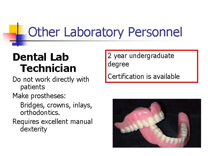 Other Laboratory Personnel Dental Lab Technician Do not work directly with patients Make prostheses: