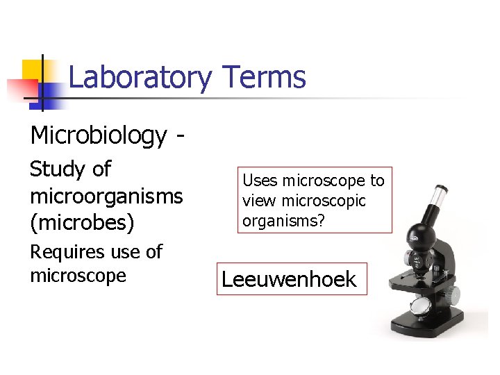 Laboratory Terms Microbiology Study of microorganisms (microbes) Requires use of microscope Uses microscope to