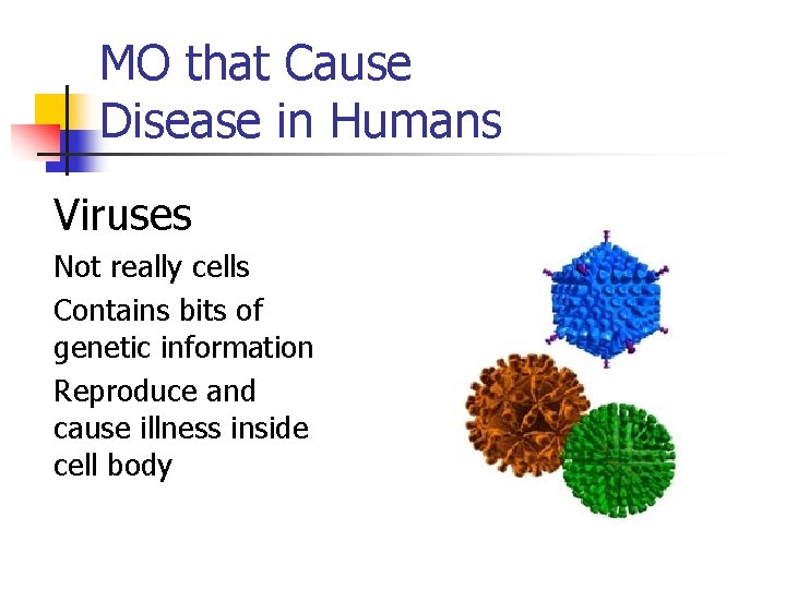 MO that Cause Disease in Humans Viruses Not really cells Contains bits of genetic