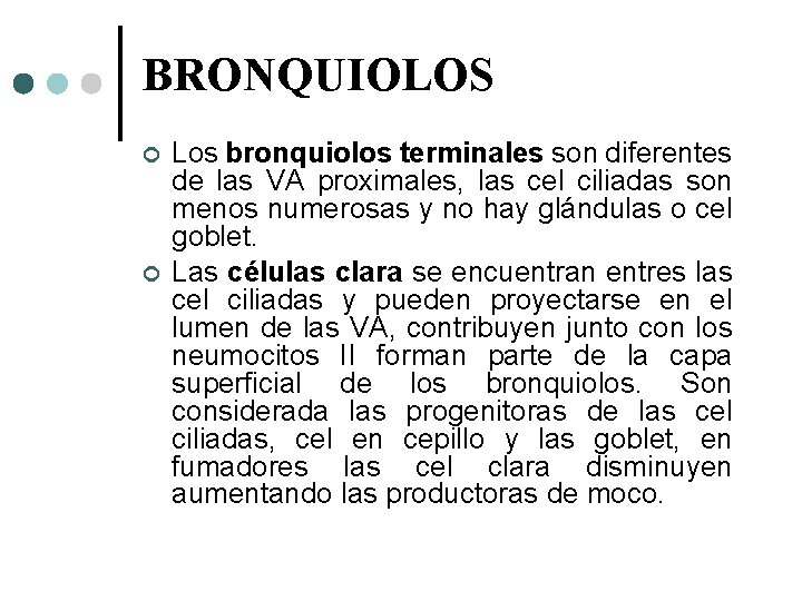 BRONQUIOLOS Los bronquiolos terminales son diferentes de las VA proximales, las cel ciliadas son