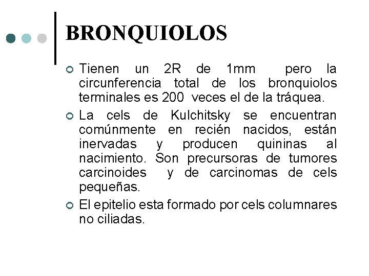 BRONQUIOLOS Tienen un 2 R de 1 mm pero la circunferencia total de los