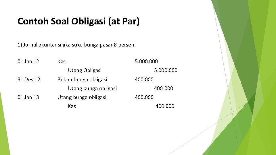 Contoh Soal Obligasi (at Par) 1) Jurnal akuntansi jika suku bunga pasar 8 persen.