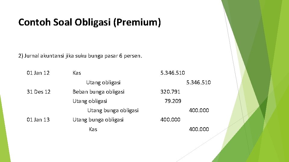 Contoh Soal Obligasi (Premium) 2) Jurnal akuntansi jika suku bunga pasar 6 persen. 01