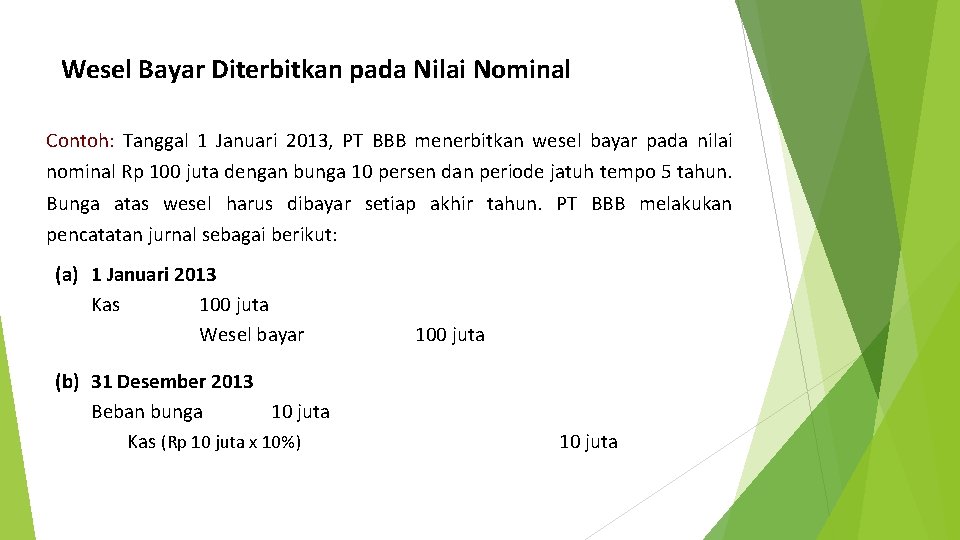 Wesel Bayar Diterbitkan pada Nilai Nominal Contoh: Tanggal 1 Januari 2013, PT BBB menerbitkan