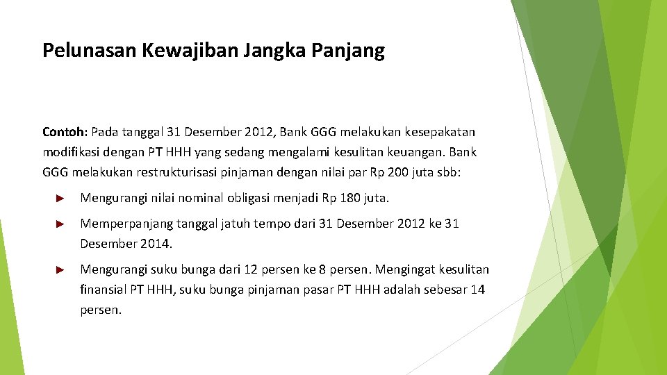 Pelunasan Kewajiban Jangka Panjang Contoh: Pada tanggal 31 Desember 2012, Bank GGG melakukan kesepakatan