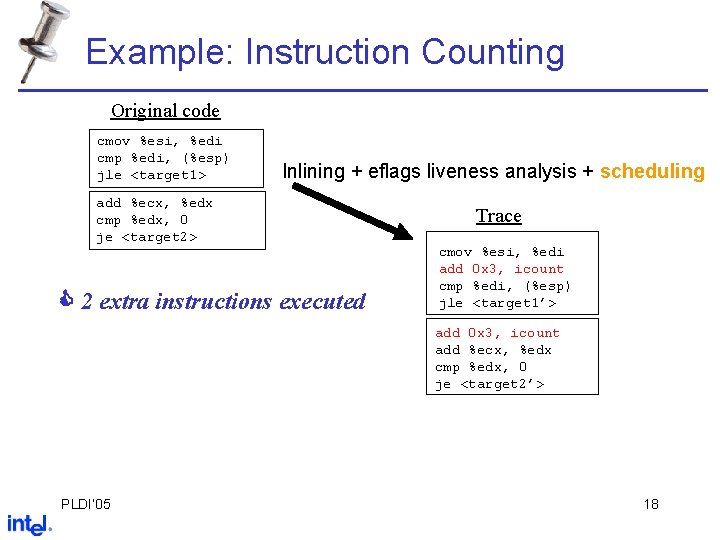 Example: Instruction Counting Original code cmov %esi, %edi cmp %edi, (%esp) jle <target 1>