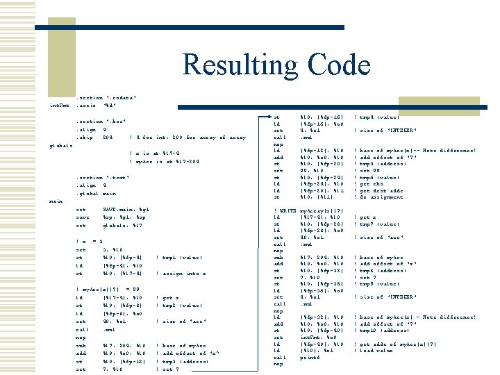 Resulting Code. section ". rodata" int. Fmt: . asciz "%d". section ". bss". align