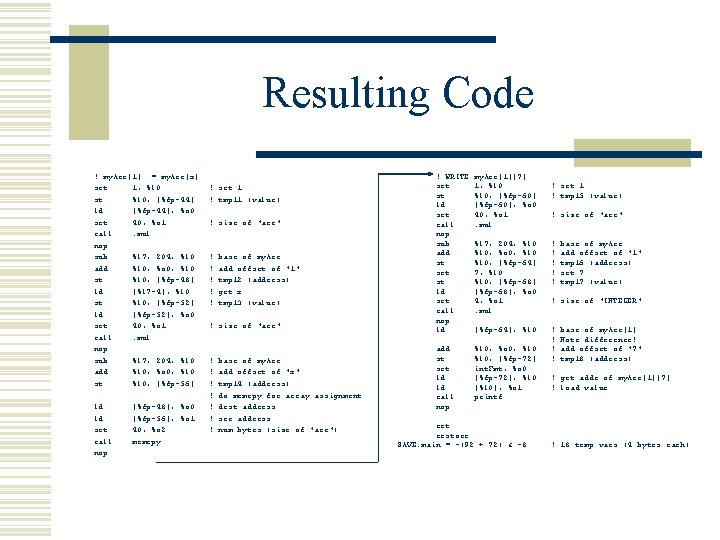 Resulting Code ! my. Arr[1] : = my. Arr[x] set 1, %l 0 st