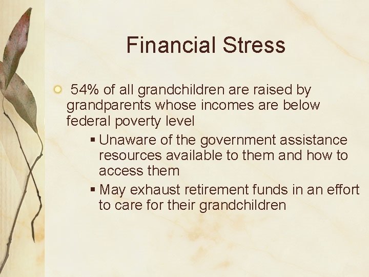 Financial Stress 54% of all grandchildren are raised by grandparents whose incomes are below