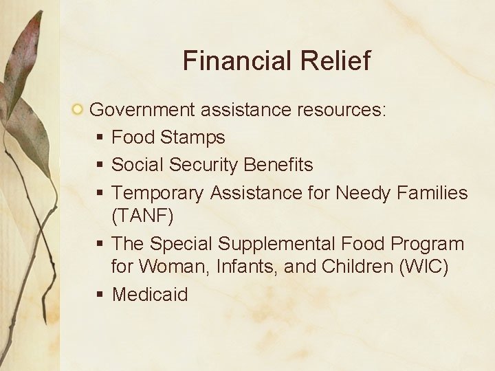 Financial Relief Government assistance resources: § Food Stamps § Social Security Benefits § Temporary