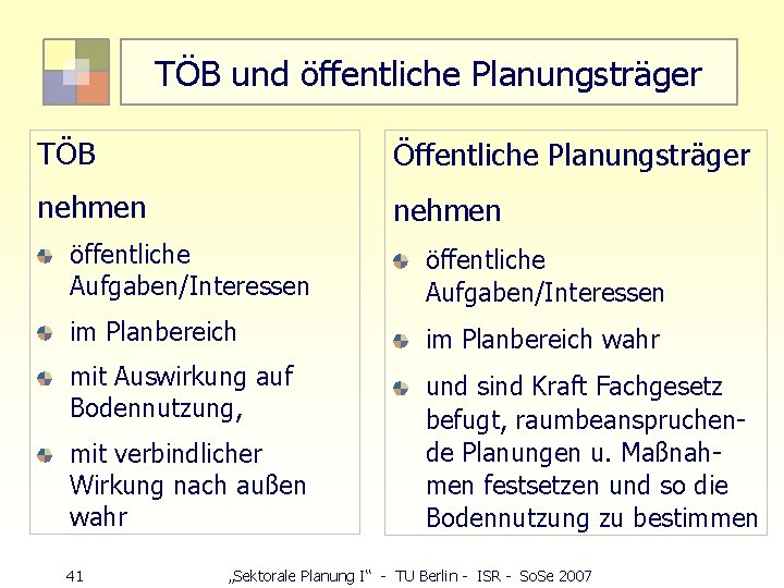 TÖB und öffentliche Planungsträger TÖB Öffentliche Planungsträger nehmen öffentliche Aufgaben/Interessen im Planbereich wahr mit