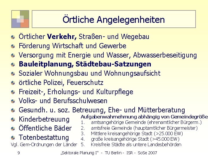 Örtliche Angelegenheiten Örtlicher Verkehr, Straßen- und Wegebau Förderung Wirtschaft und Gewerbe Versorgung mit Energie