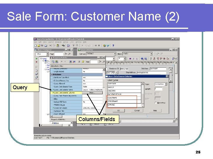 Sale Form: Customer Name (2) Query Columns/Fields 25 