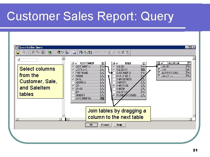 Customer Sales Report: Query Select columns from the Customer, Sale, and Sale. Item tables