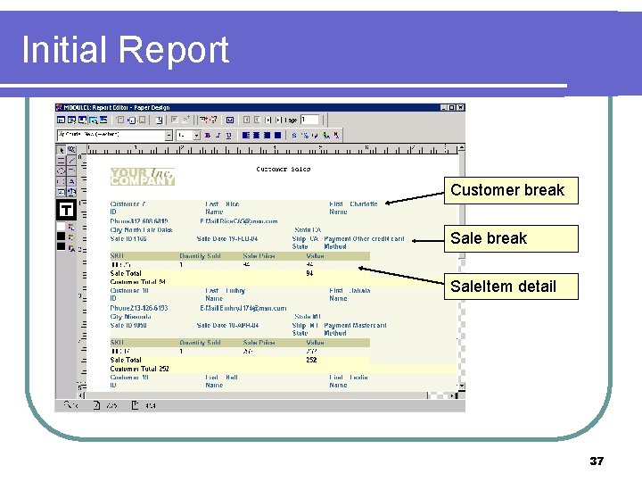 Initial Report Customer break Sale. Item detail 37 