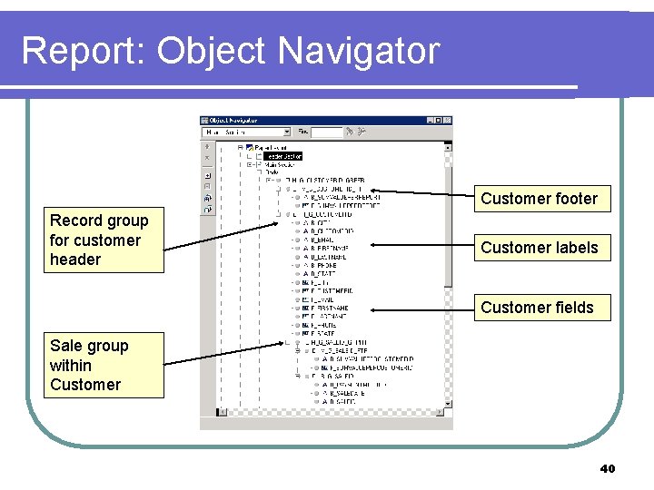 Report: Object Navigator Customer footer Record group for customer header Customer labels Customer fields