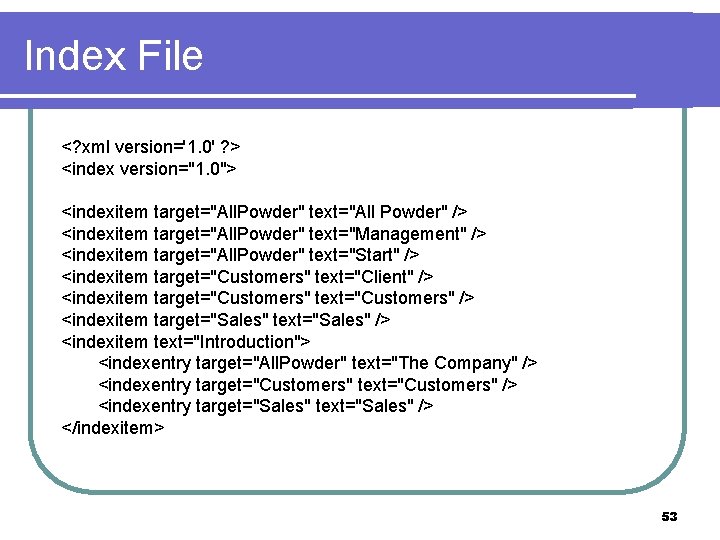 Index File <? xml version='1. 0' ? > <index version="1. 0"> <indexitem target="All. Powder"