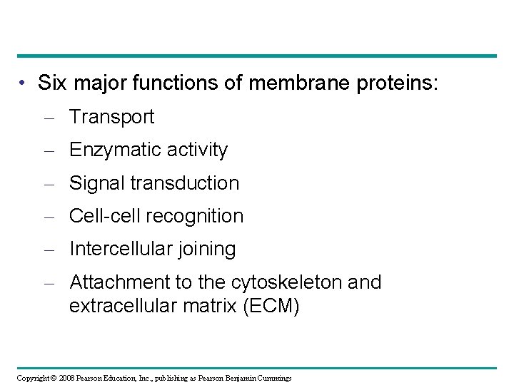 • Six major functions of membrane proteins: – Transport – Enzymatic activity –  • Six major functions of membrane proteins: – Transport – Enzymatic activity –