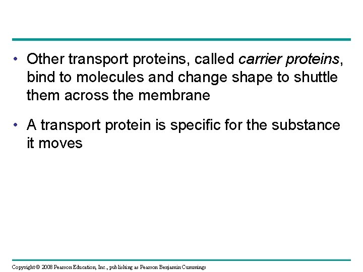 • Other transport proteins, called carrier proteins, bind to molecules and change shape  • Other transport proteins, called carrier proteins, bind to molecules and change shape