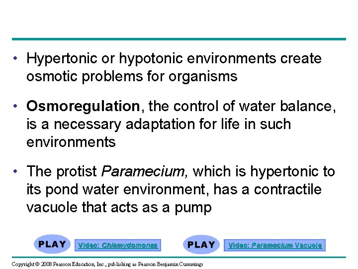 • Hypertonic or hypotonic environments create osmotic problems for organisms • Osmoregulation, the  • Hypertonic or hypotonic environments create osmotic problems for organisms • Osmoregulation, the