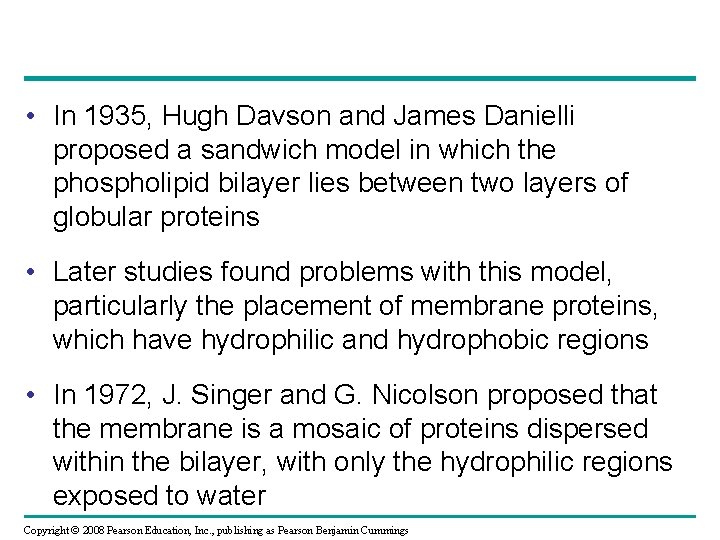 • In 1935, Hugh Davson and James Danielli proposed a sandwich model in  • In 1935, Hugh Davson and James Danielli proposed a sandwich model in