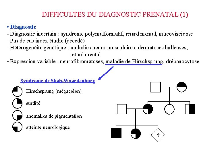 DIFFICULTES DU DIAGNOSTIC PRENATAL (1) • Diagnostic - Diagnostic incertain : syndrome polymalformatif, retard