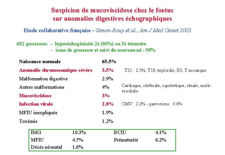 Suspicion de mucoviscidose chez le foetus sur anomalies digestives échographiques Etude collaborative française -