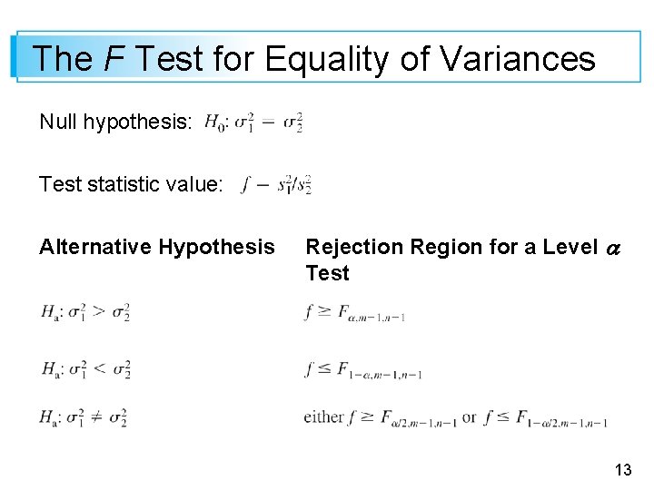 The F Test for Equality of Variances Null hypothesis: Test statistic value: Alternative Hypothesis