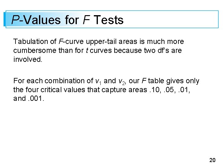 P-Values for F Tests Tabulation of F-curve upper-tail areas is much more cumbersome than