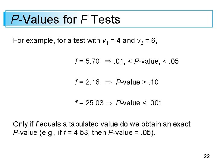 P-Values for F Tests For example, for a test with v 1 = 4