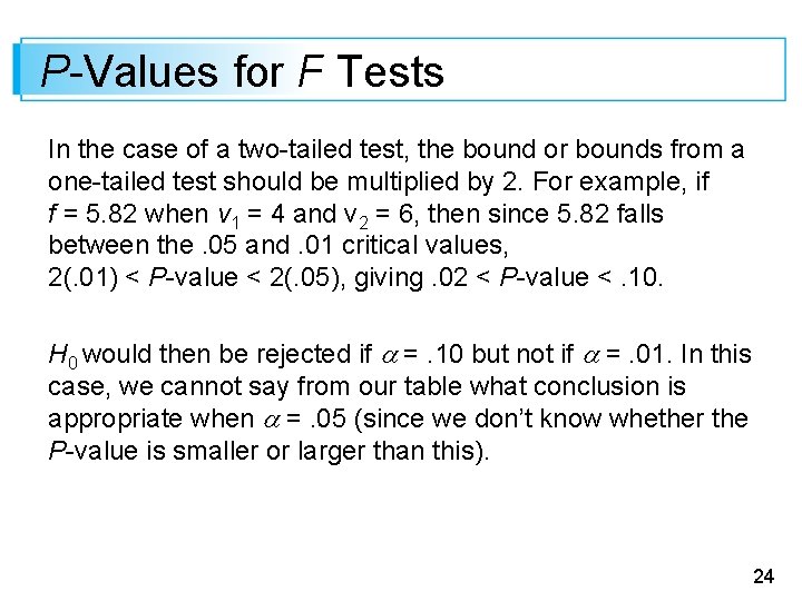 P-Values for F Tests In the case of a two-tailed test, the bound or