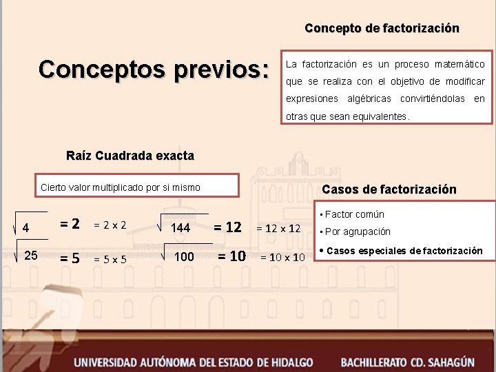 Concepto de factorización Conceptos previos: La factorización es un proceso matemático que se realiza