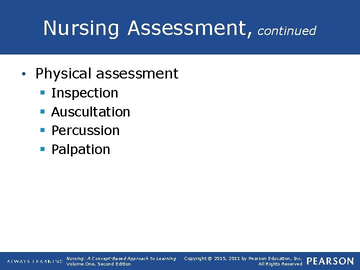Nursing Assessment, continued • Physical assessment § § Inspection Auscultation Percussion Palpation Nursing: A