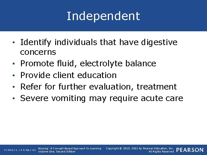 Independent • Identify individuals that have digestive concerns • Promote fluid, electrolyte balance •