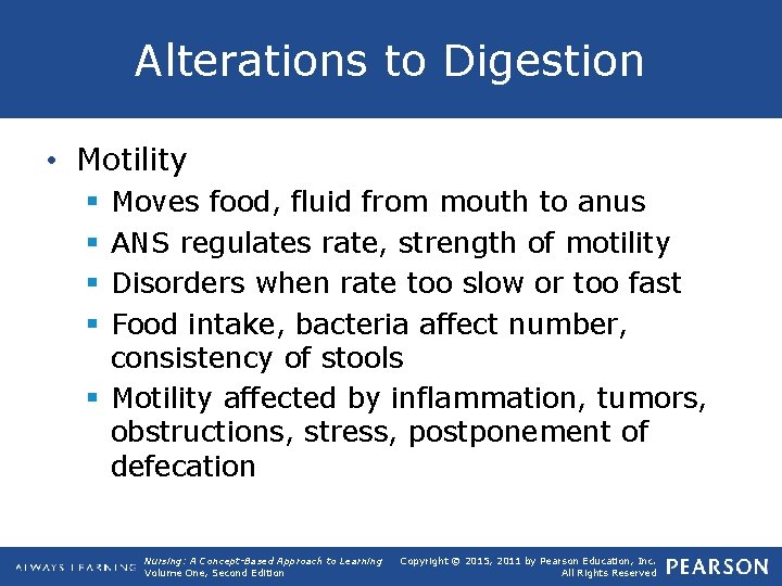 Alterations to Digestion • Motility Moves food, fluid from mouth to anus ANS regulates
