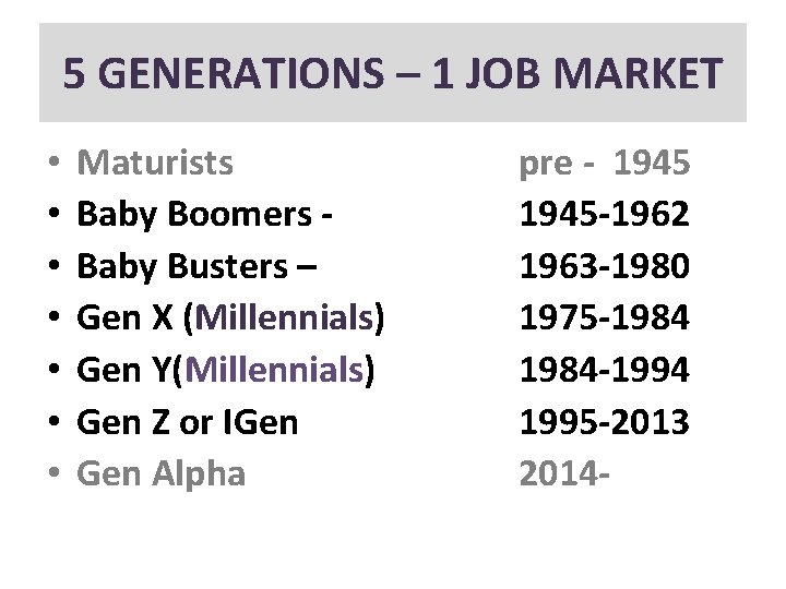 5 GENERATIONS – 1 JOB MARKET • • Maturists Baby Boomers Baby Busters –