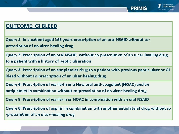 OUTCOME: GI BLEED Query 1: In a patient aged ≥ 65 years prescription of