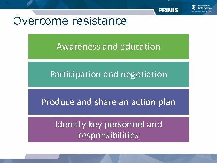 Overcome resistance Awareness and education Participation and negotiation Produce and share an action plan