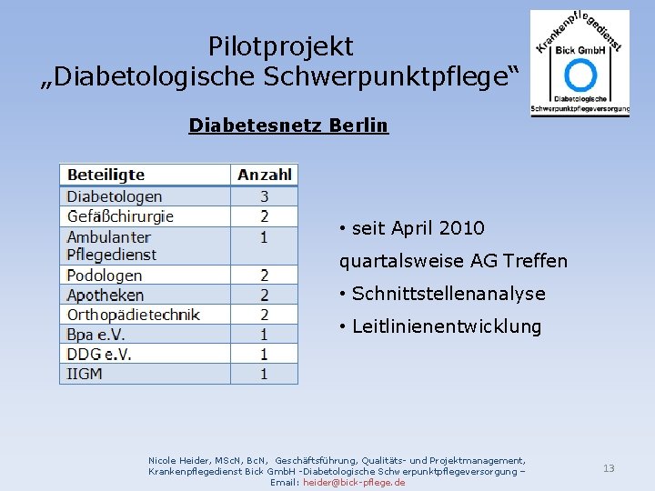 Pilotprojekt „Diabetologische Schwerpunktpflege“ Diabetesnetz Berlin • seit April 2010 quartalsweise AG Treffen • Schnittstellenanalyse