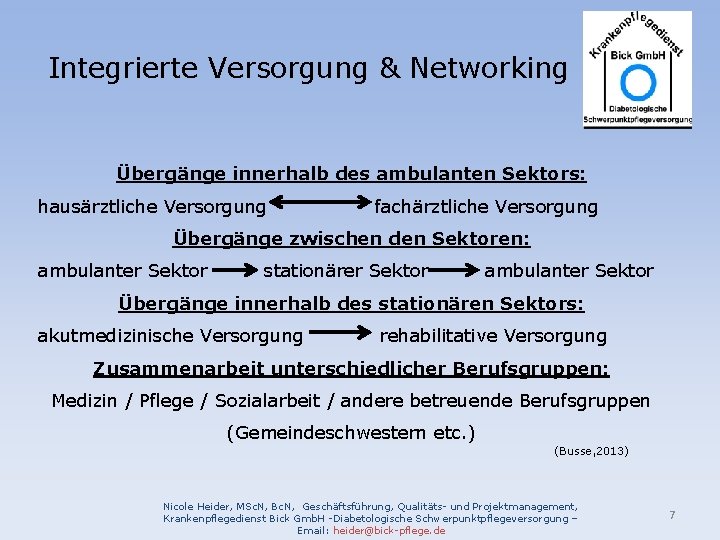 Integrierte Versorgung & Networking Übergänge innerhalb des ambulanten Sektors: hausärztliche Versorgung fachärztliche Versorgung Übergänge