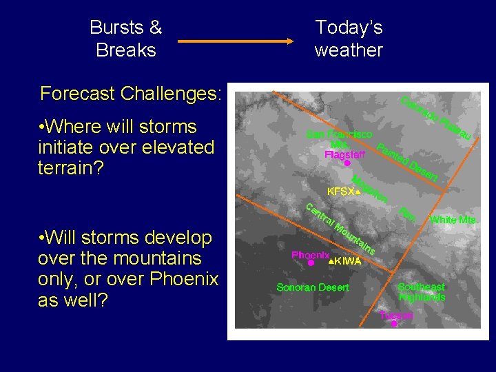 Bursts & Breaks Today’s weather Forecast Challenges: • Where will storms initiate over elevated