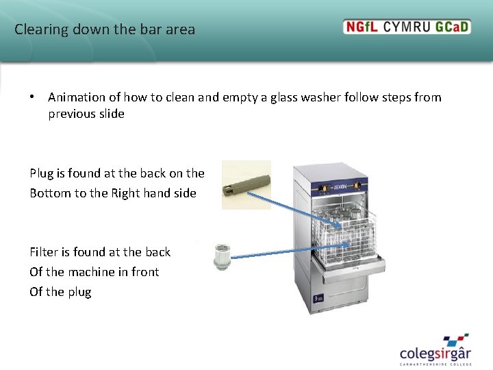 Clearing down the bar area • Animation of how to clean and empty a