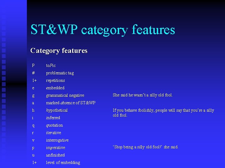 ST&WP category features Category features P to. Pic # problematic tag 1+ repetitions e