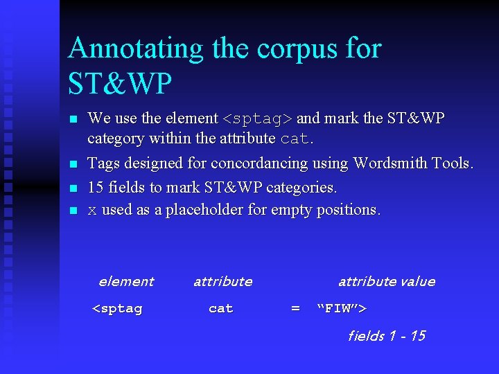 Annotating the corpus for ST&WP n n We use the element <sptag> and mark