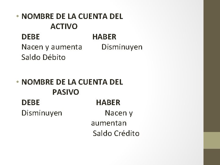  • NOMBRE DE LA CUENTA DEL ACTIVO DEBE HABER Nacen y aumenta Disminuyen