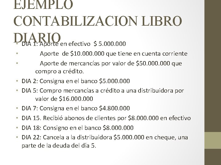 EJEMPLO CONTABILIZACION LIBRO DIARIO • DIA 1: Aporte en efectivo $ 5. 000 •