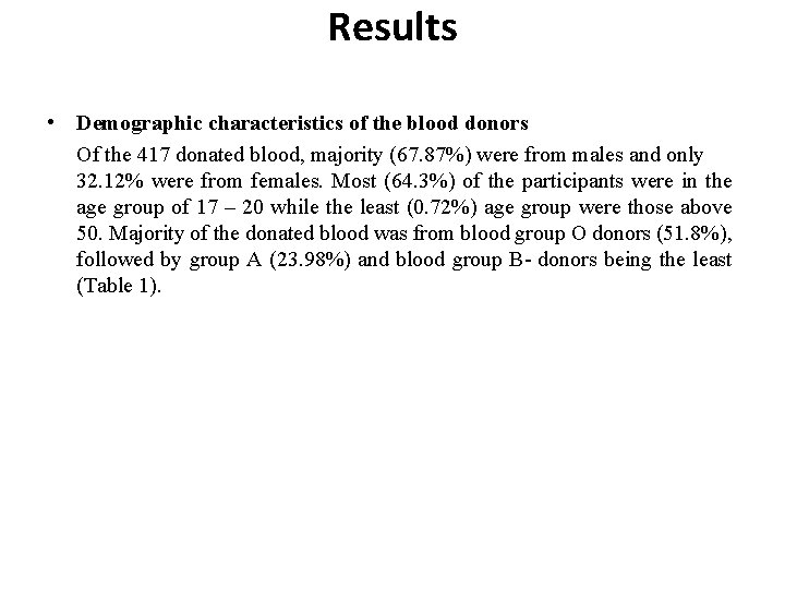 Results • Demographic characteristics of the blood donors Of the 417 donated blood, majority